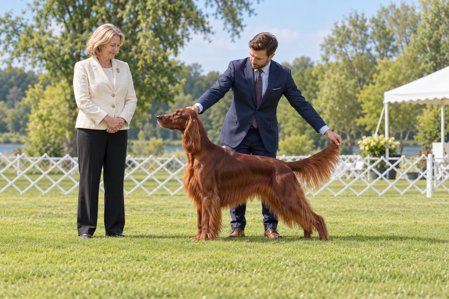 Judge and handler presenting an Irish Setter, fully visible in the show ring