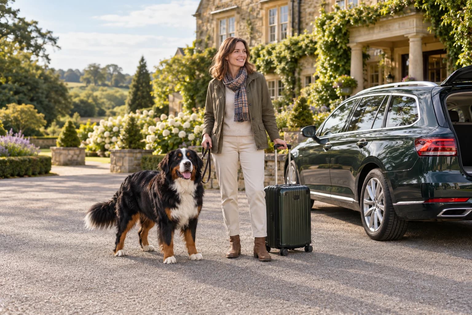Handler and Bernese Mountain Dog arriving at a hotel with their luggage